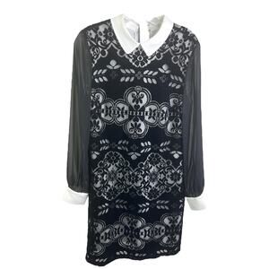 CeCe Womens Sz 6 Dress Black Velour Lace White Collar Cuffs Lined Chic Holiday